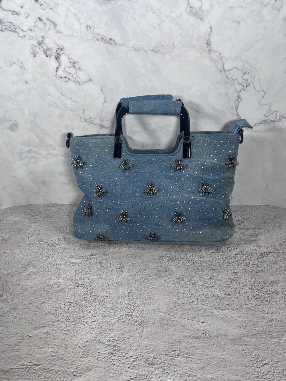Studded Bee Embellished Denim Tote Bag - Blue NWOT - Picture 2 of 6